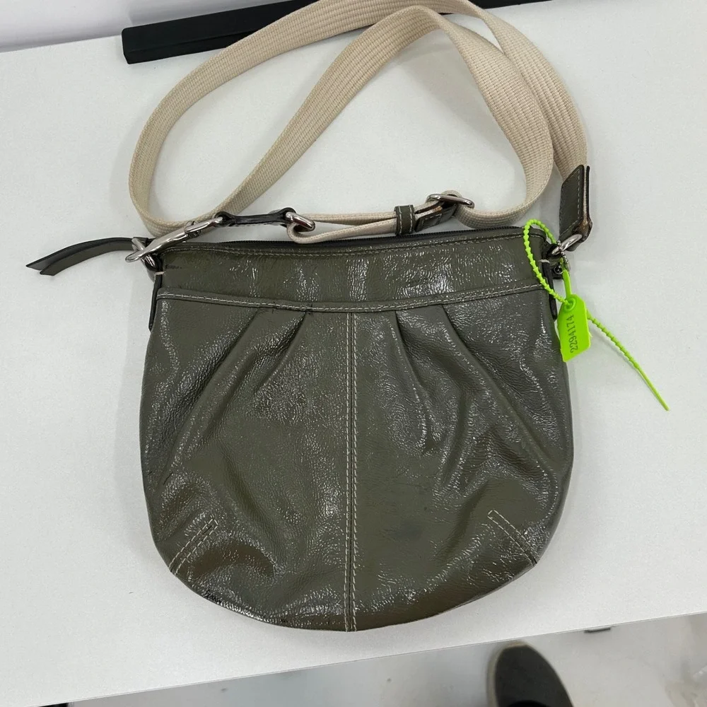 Coach Olive Green‎ Patent Leather Crossbody Bag Glossy Purse Wide Canvas Strap